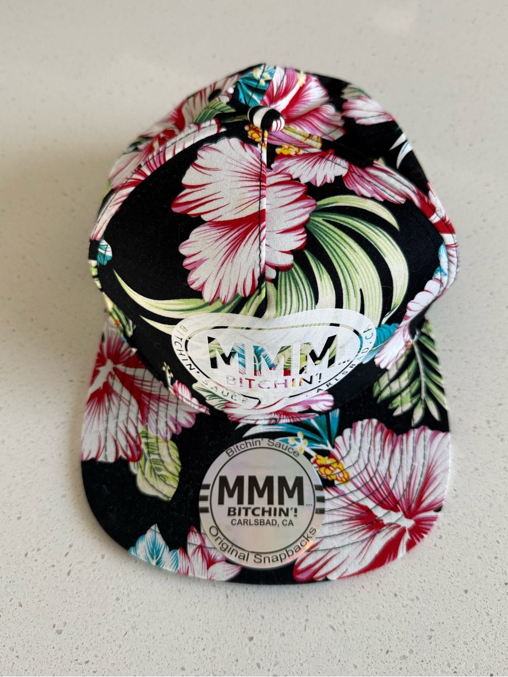 MMM BITCHIN! Floral Snapback Hat - Black with Pink & Green Hibiscus